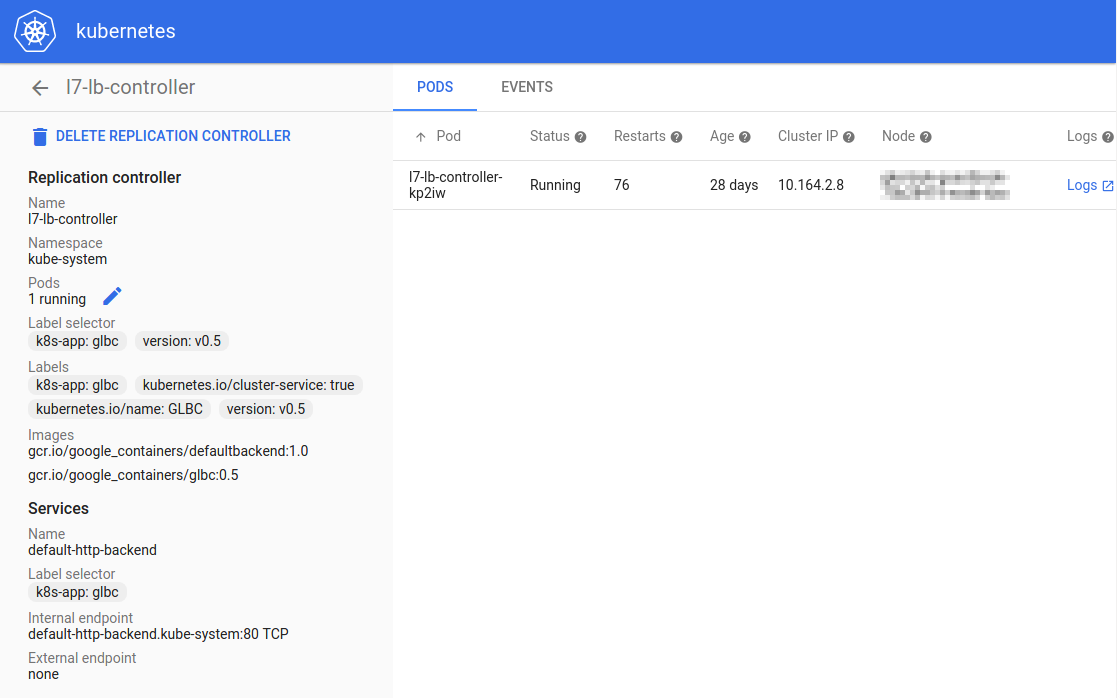 Kubernetes Dashboard application detail