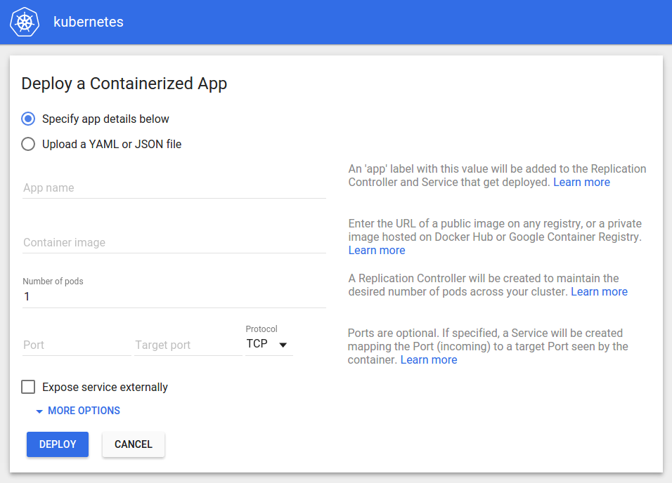 Kubernetes Dashboard deploy form